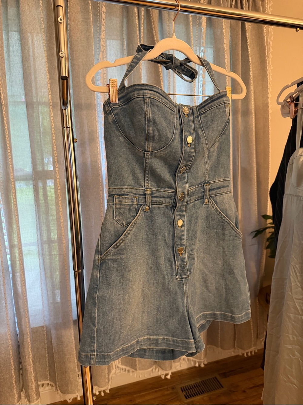 Women's Blue Denim Halter Jean Overalls Romper